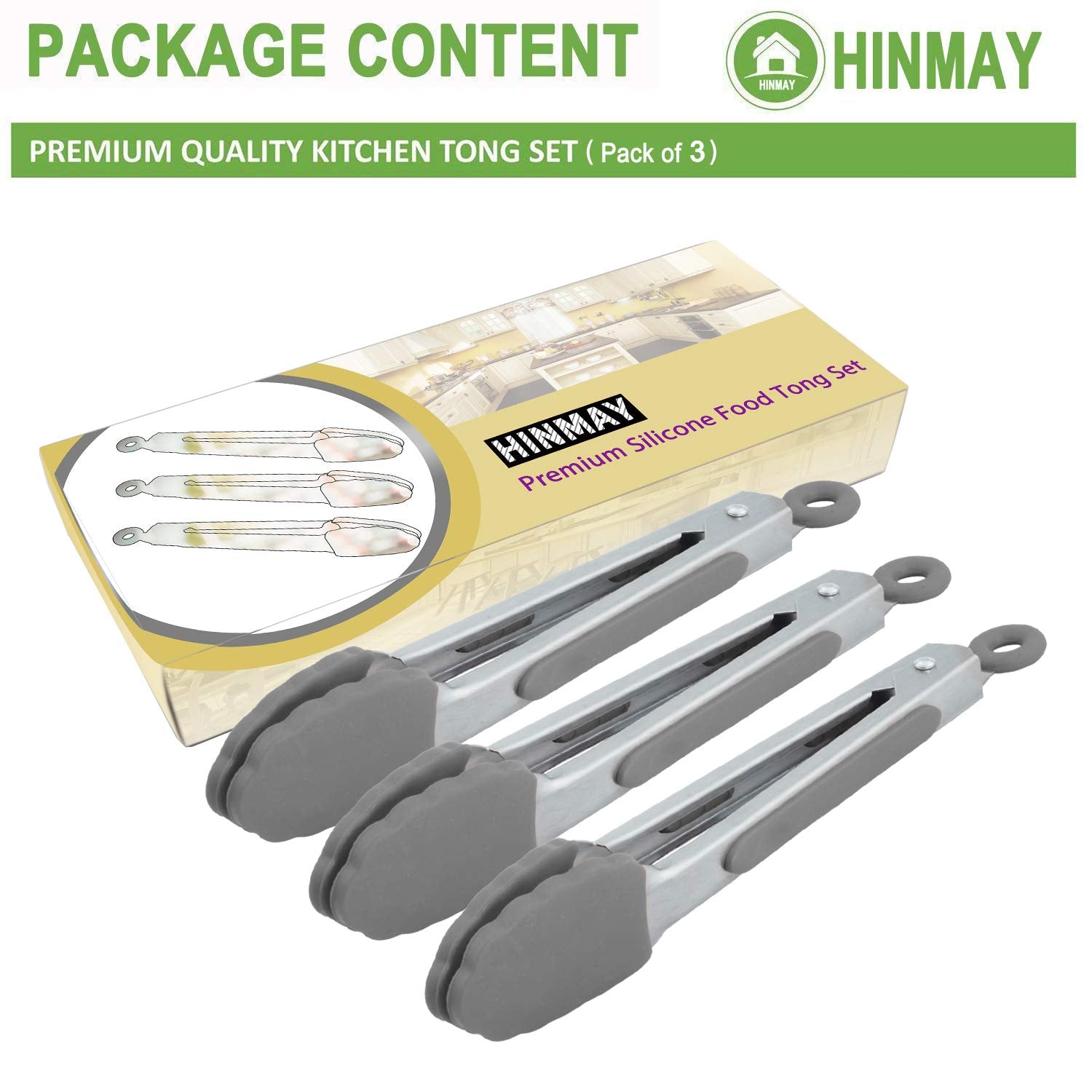 Hinmay Mini Tongs With Silicone Tips 7 Inches Stainless Steel Appetizer Tongs, Set Of 3 (Gray)